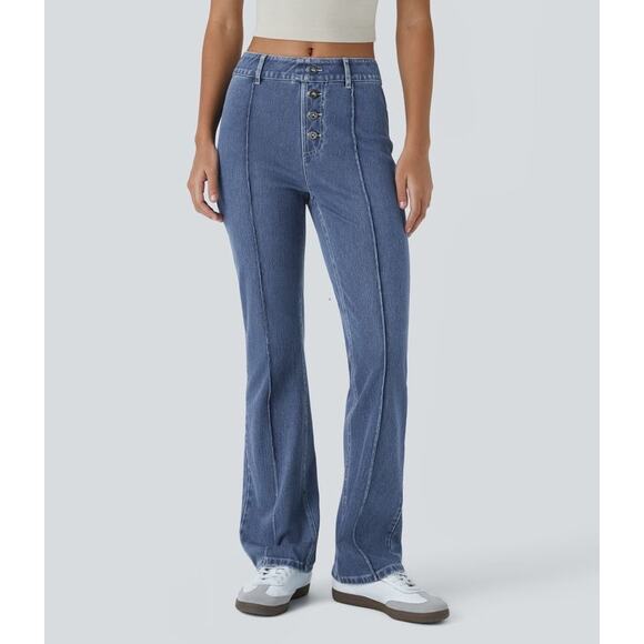 NWT Halara Flex Mid-Rise Casual Boot Cut Jeans Dark Azure Blue Denim Medium - Picture 1 of 10